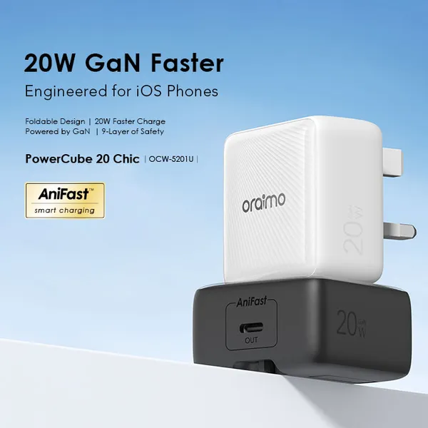 oraimo PowerCube 20 Chic 20W GaN Wall Charger Kit with Type-C to Type-C Cable - Image 4
