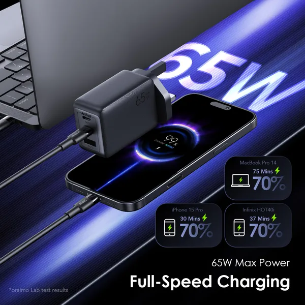 oraimo HyperGaN 65 65W GaN Wall Charger Kit with 100W iphone Cable - Image 5